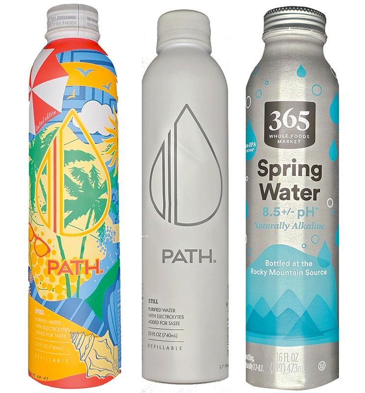 PATH aluminum bottles and 365 Whole Foods spring water eco-friendly bottles